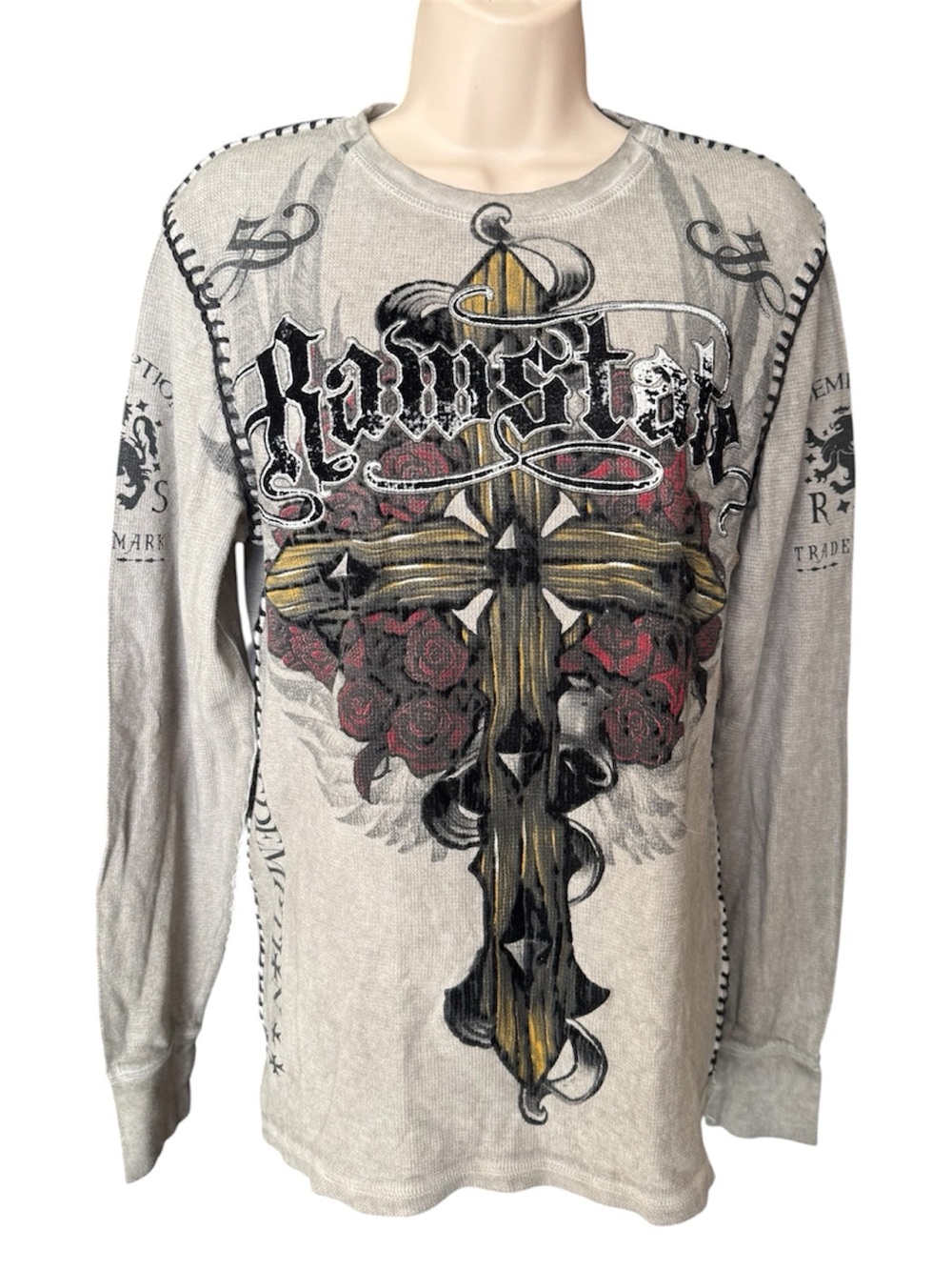 Raw State "Redemption" long-sleeve  thermal gray black Bold Stitch cross roses